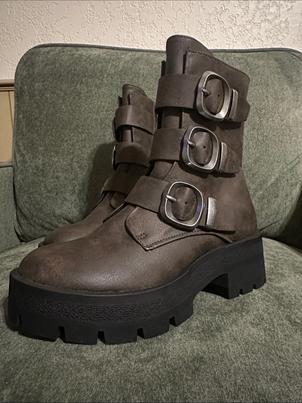 Women’s Triple Buckle Lace-Up Ankle Boots in Dark Brown
